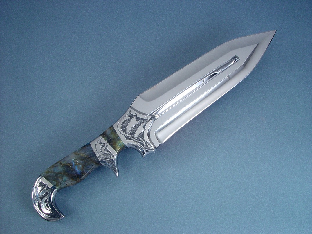 "Aeolus" reverse side view in 440C high chromium stainless steel blade, hand-engraved 304 stainless steel bolsters, Labradorite gemstone handle "Aeolus" reverse side view in 440C high chromium stainless steel blade, hand-engraved 304 stainless steel bolsters, Labradorite gemstone handle
