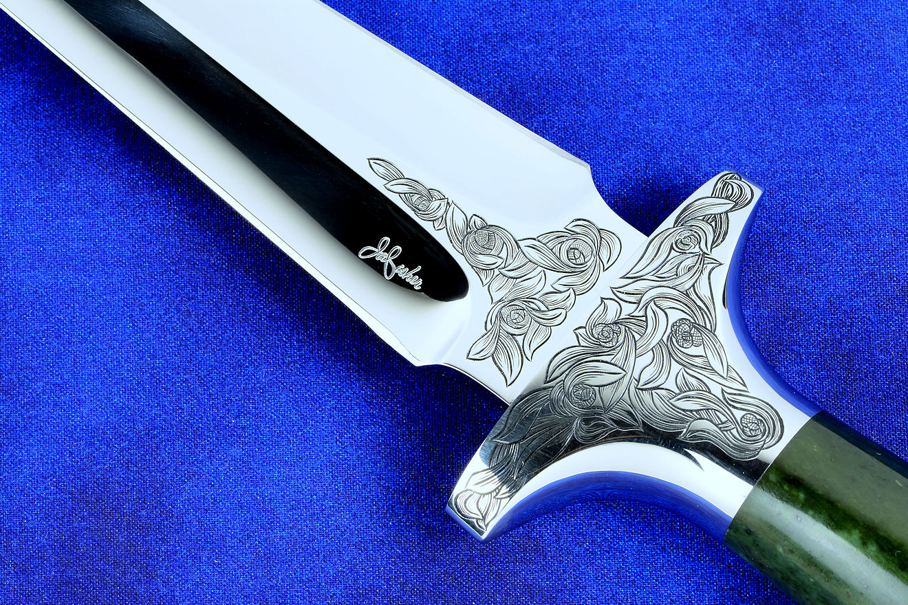 "Daqar" Custom handmade dagger, engraved stainless steel guard and maker's mark detail view , in T4 deep cryogenically treated CPM 154CM Powder metal technology martensitic stainless steel blade, hand-engraved, 304 austenitic stainless steel fittings, hand-engraved, nephrite jade gemstone handle, hand-carved leather sheath inlaid with American Bison skin "Daqar" Custom handmade dagger, engraved stainless steel guard and maker's mark detail view , in T4 deep cryogenically treated CPM 154CM Powder metal technology martensitic stainless steel blade, hand-engraved, 304 austenitic stainless steel fittings, hand-engraved, nephrite jade gemstone handle, hand-carved leather sheath inlaid with American Bison skin