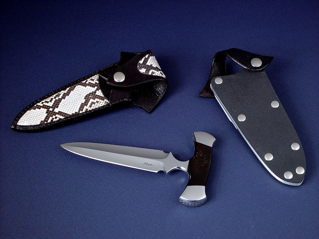 "Grim Reaper" obverse side view in ATS-34 high molybdenum stainless steel blade, 304 stainless steel bolsters, Petrified Palm Wood gemstone handle, kydex, aluminum, nickel plated steel sheath, Python skin inlaid in hand-carved leather sheath "Grim Reaper" obverse side view in ATS-34 high molybdenum stainless steel blade, 304 stainless steel bolsters, Petrified Palm Wood gemstone handle, kydex, aluminum, nickel plated steel sheath, Python skin inlaid in hand-carved leather sheath